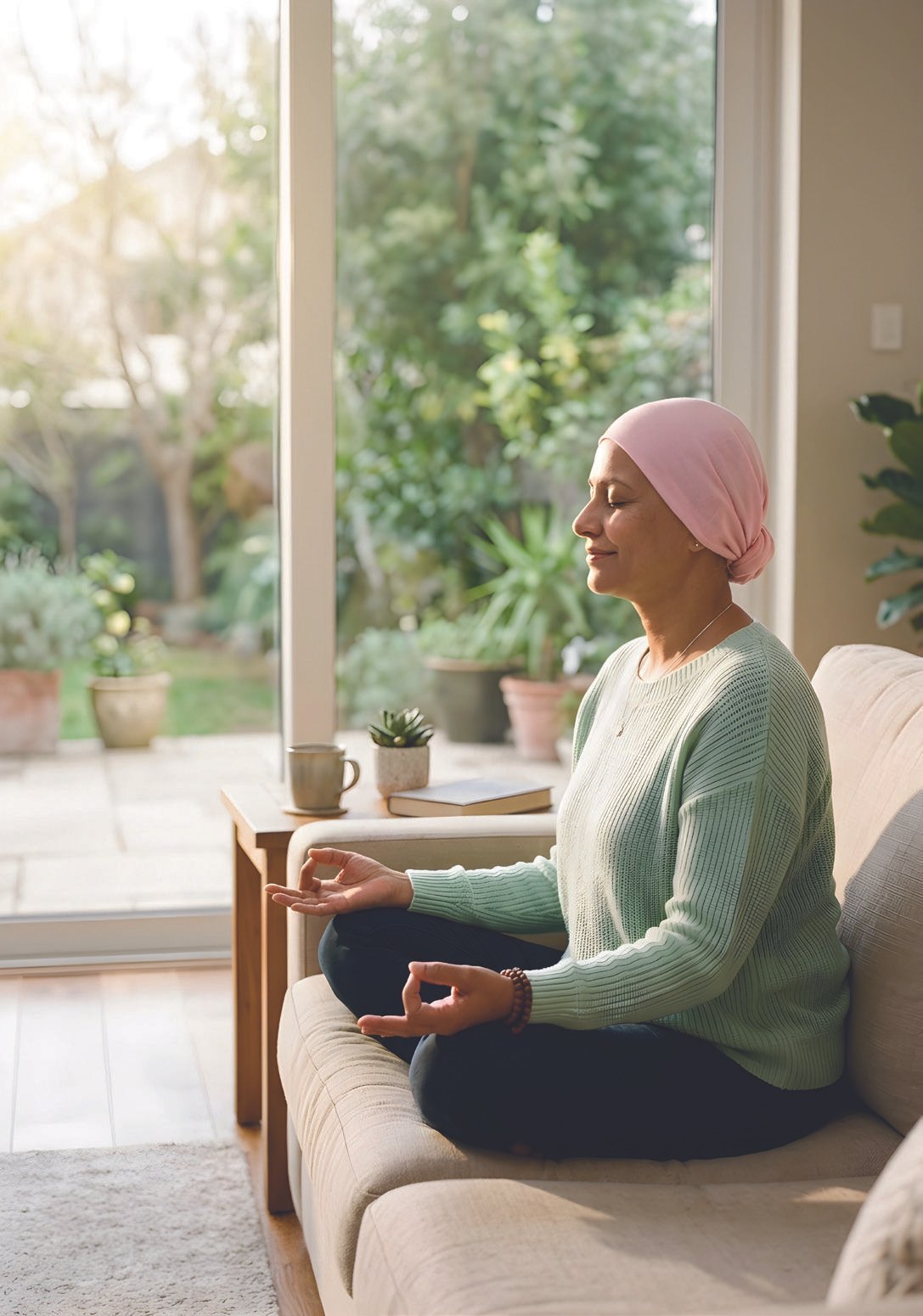 A cancer patient practising calm, restorative meditation