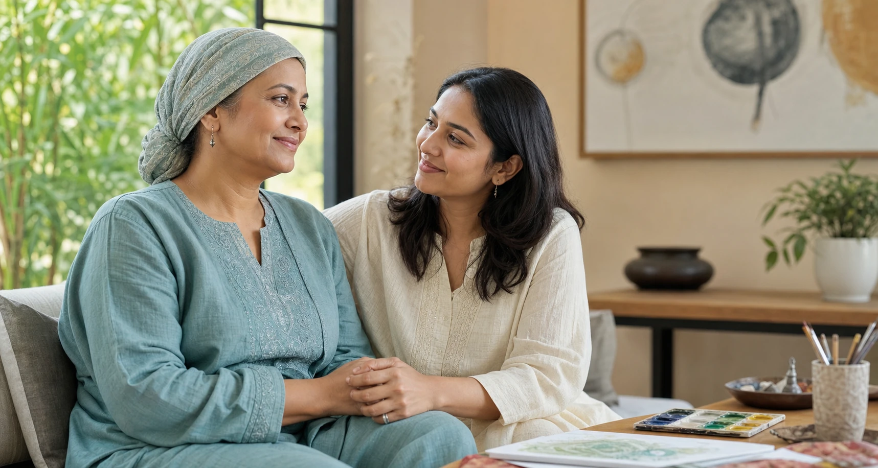Representative image of a cancer patient sharing a supportive moment with her caregiver