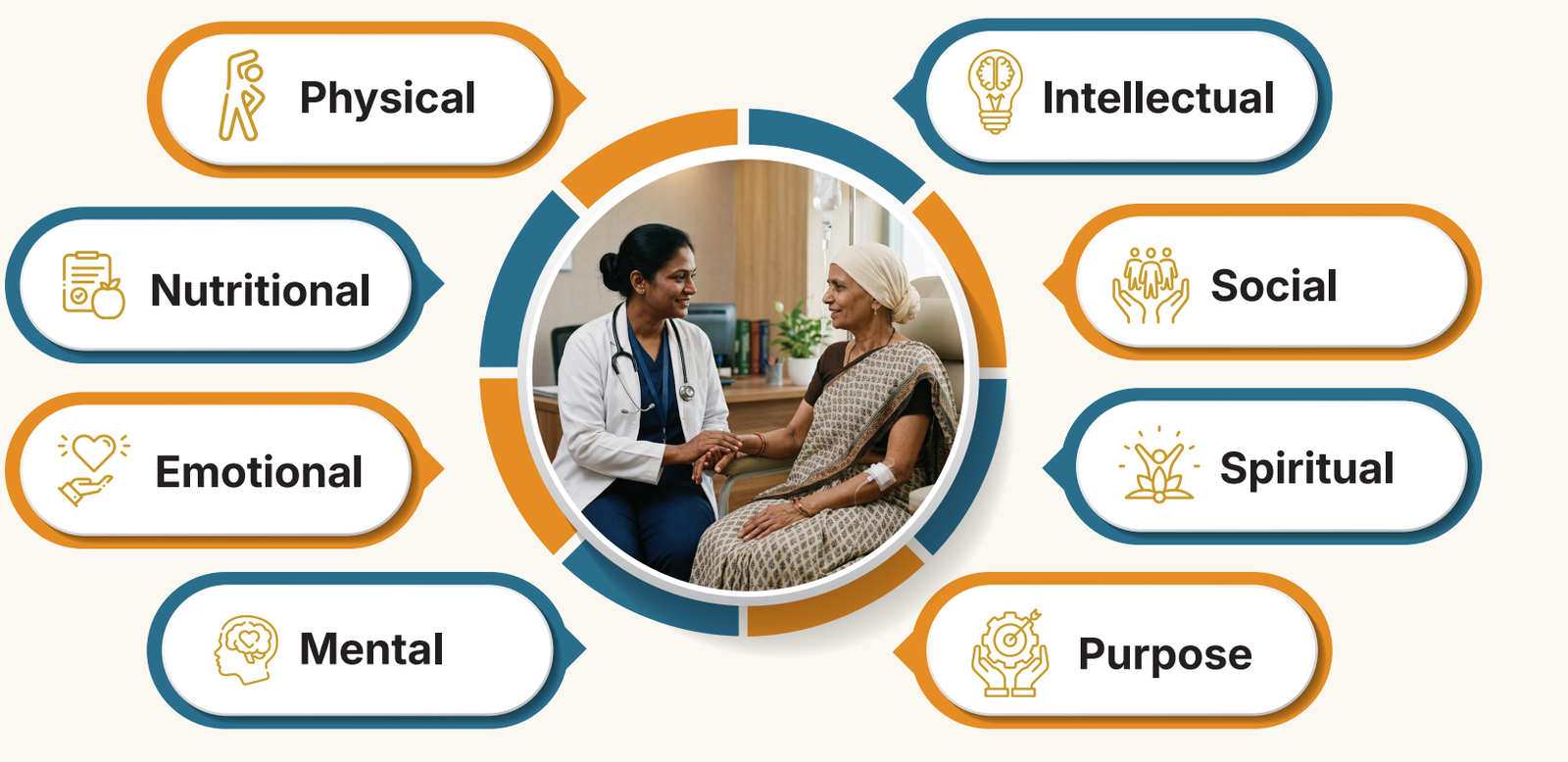 SNJ Wheel for Holistic Health showing eight connected dimensions around a patient and clinician